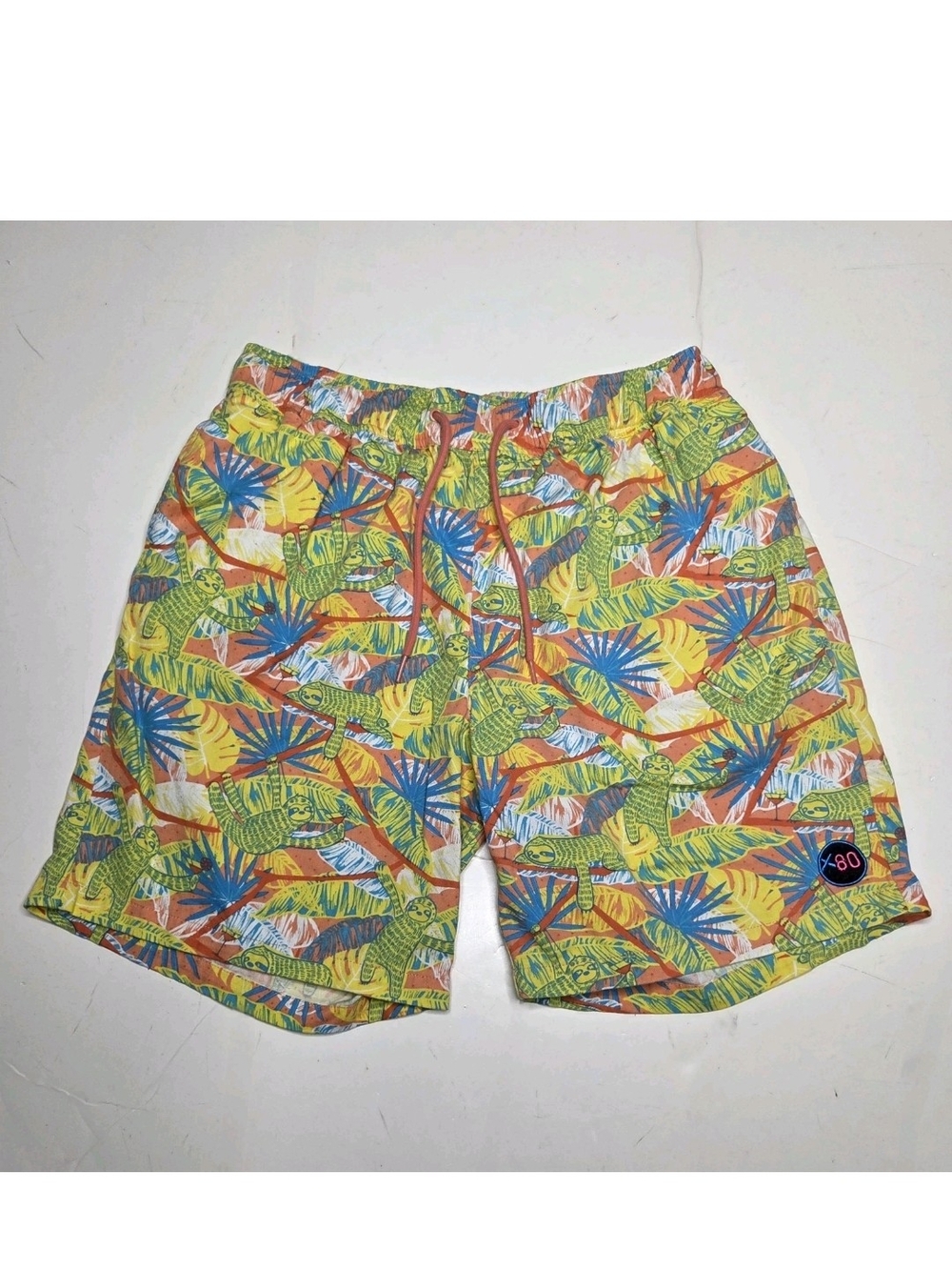 Extreme 80s Sloth Shorts Swim Trunks XL Drawstring Colorful Tropical Retro Surf
